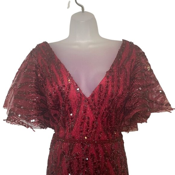 Mac Duggal Burgundy Sequin Midi Dress 68013 Size 16 NWT - Picture 3 of 7
